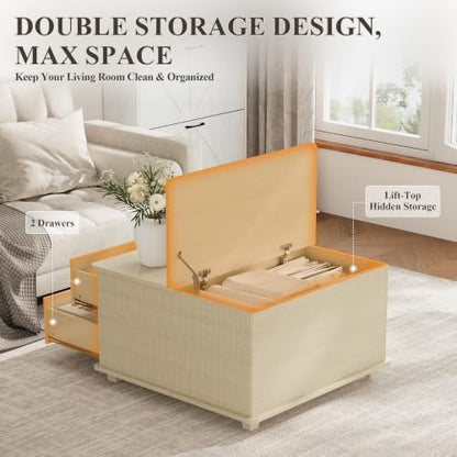 MALOL Storage Coffee Table with 2 Drawers & Flip-Top Lid with Hidden Storage, Modern Fluted Wood Coffee Table, Solid Wood Legs, Square Center Table for Living Room, Light Wood