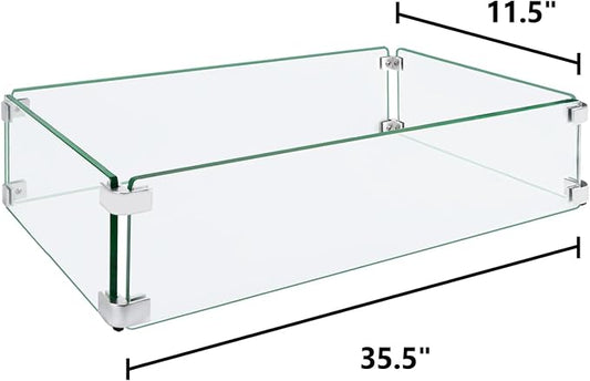 Fire Pit Wind Guard, 35.5"x11.5"x6" Square Fire Pit Glass Wind Guard Made of Clear Tempered Glass, Set with Assembly Instructions, Free Screwdriver, Easy to Install