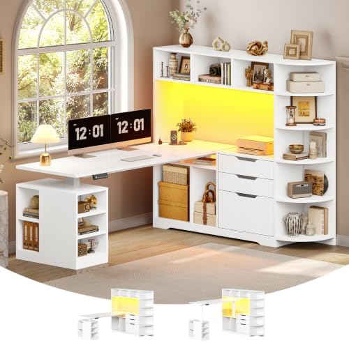 SEDETA 59" L Shaped Standing Desk with 3 Drawers Storage and Bookshelves