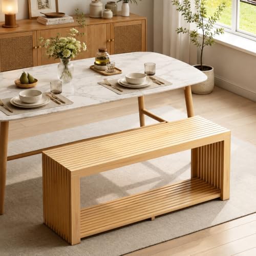 Bamboo Bench with Shelf, 35'' Entryway Bench Seat, Natural