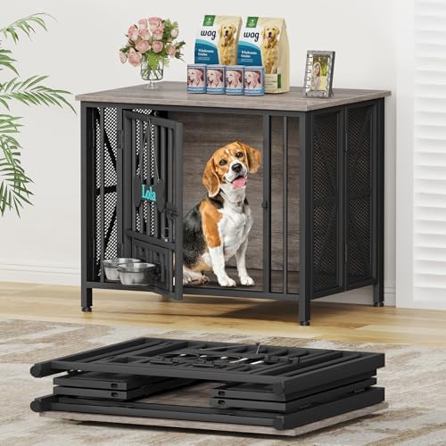 Easycom31.5''Assembly-Free Dog Crate, Dog Kennel with Tag & Bowls (DC107)