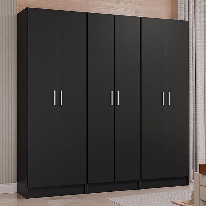 Madesa Wardrobe Armoire Closet Pantry Storage Cabinet with 6 Doors and 15 Utility Shelves 71" L Wooden Organization Unit for Bedroom, Office, Laundry Room, Kitchen, and Garage (Black)