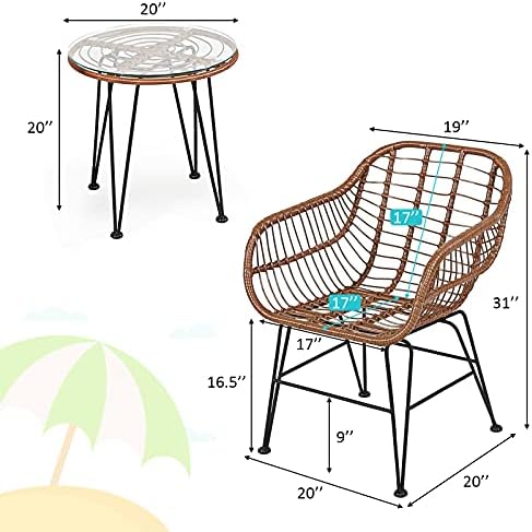 Tangkula 3 Pieces Patio Conversation Bistro Set, Outdoor Wicker Furniture w/Round Tempered Glass Top Table & 2 Rattan Armchairs, Bistro Chat Set w/Seat Cushions for Porch, Backyard, Garden