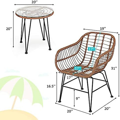 Tangkula 3 Pieces Patio Conversation Bistro Set, Outdoor Wicker Furniture w/Round Tempered Glass Top Table & 2 Rattan Armchairs, Bistro Chat Set w/Seat Cushions for Porch, Backyard, Garden