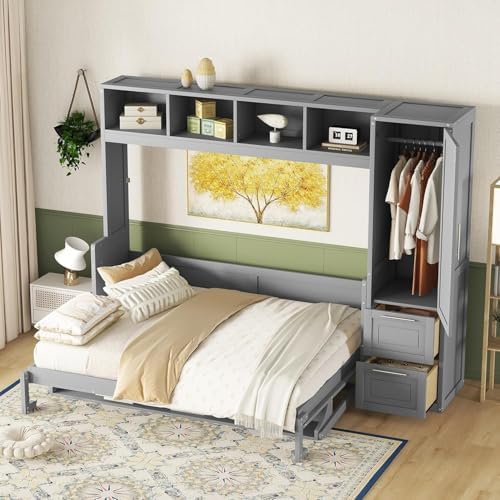 Virubi Full Murphy Bed with Wardrobe Closet,2 Drawer,4 Storage Open Shelves,Wood Folding Murphy Wall Bed Cabinet with Storage, Easy Assembly (Grey,Queen)