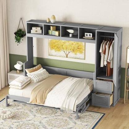 Virubi Full Murphy Bed with Wardrobe Closet,2 Drawer,4 Storage Open Shelves,Wood Folding Murphy Wall Bed Cabinet with Storage, Easy Assembly (Grey,Queen)