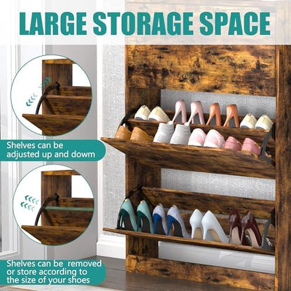 Wodeer Narrow Shoe Cabinet for Entryway, Slim Shoe Storage Cabinet with 3 Flip Drawers, Hidden Wood Shoe Cabinet Storage, Freestanding Shoe Rack Organizer Foyer, Hallway, Grey