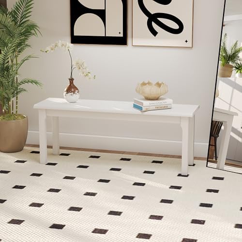 Wilk Wooden Entryway Bench, 55’’ Indoor End of Bed Bench, 100% Solid Oak Wood (White)