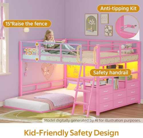 Bunk Bed Full Over Twin,8 Drawer & 4 Shelve,15" H Safety Guardrail