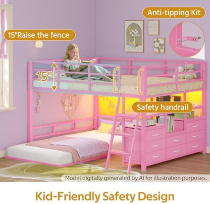 Bunk Bed Full Over Twin,8 Drawer & 4 Shelve,15" H Safety Guardrail