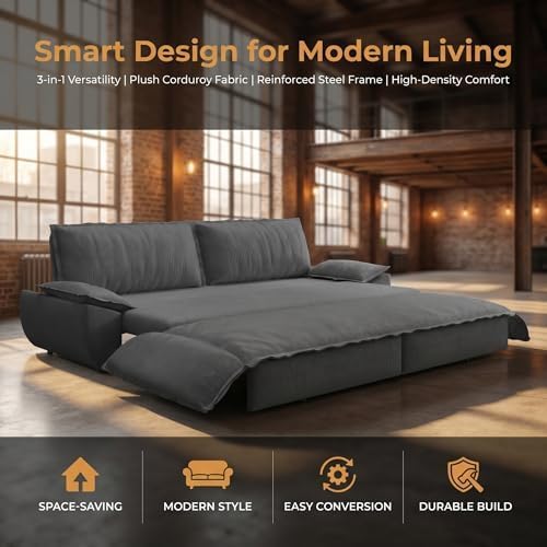 73.2" Sofa Bed Queen, 3-in-1 Pull Out Sofa Bed with Pillow Armrest, Modern Corduroy Convertible Sleeper Futon Sofa for Living Room Small Space, Apartment, Bedroom, Grey