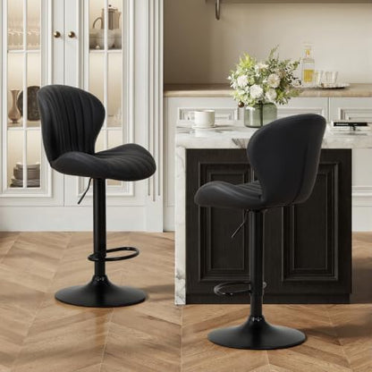 COLAMY Bar Stools Set of 2,Swivel Adjustable Height Leather Bar Chair,Black