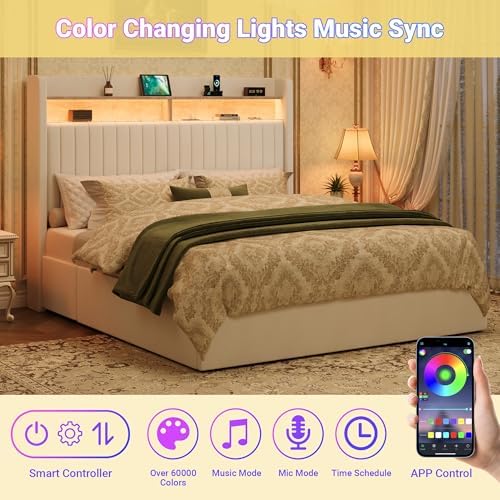 SHA CERLIN Queen Upholstered Platform Bed Frame with 3 Spacious Storage Drawers, Built-in LED Lights & Charging Station, Vertical Tufted Headboard with Shelf, No Box Spring Needed, Chenille White