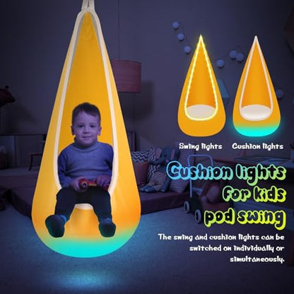 Light Up Kids Pod Swing Seat, Kids Hanging Hammock Swing with LED Lights, Sensory Pod Swing Chair with Inflatable Pillow & All Accessories, Pod Swing for Kids Indoor & Outdoor (Yellow)