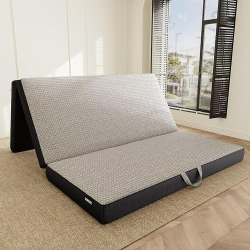 ROXGOX Memory Foam Mattress, Trifold Mattress with Washable Cover, Handle & Non-Slip Bottom, Foldable Floor Mattress Guest Bed for RV, Travel, Camping, Yoga (4 Inch-Grey, Queen)