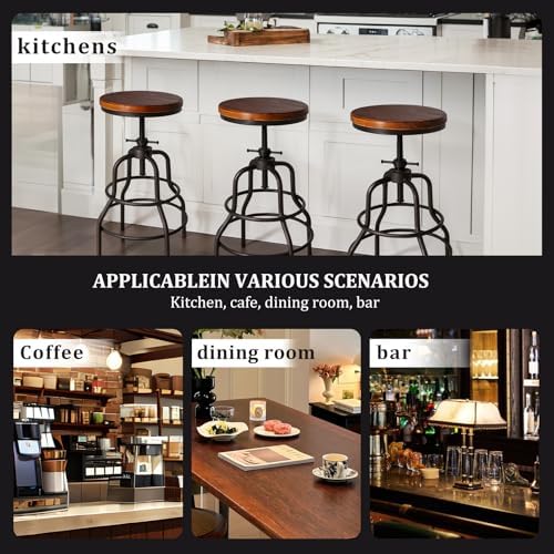 Vintage Industrial Barstools - 13.8" Dia Round Wooden Brown Seat - Black Metal Base - Adjustable Height: 23.6"-29.5" / Minimalist Design/Raw Rustic Look/Rotating Top Bar Chairs, Set of 2