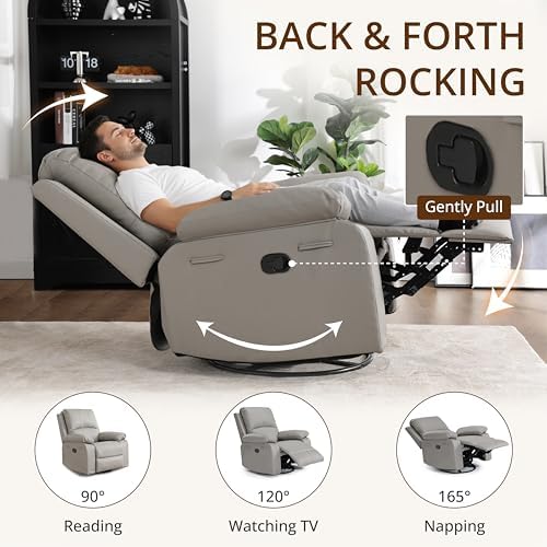 360° Swivel Rocking Leather Recliner Chair for Adults, Grey