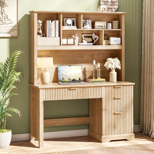 Vabches Fluted Executive Desk with Drawers, Wood Computer Desk with Ample File Drawer, Home Office Desk with Hutch for Study, Bedroom, Living Room, Oak