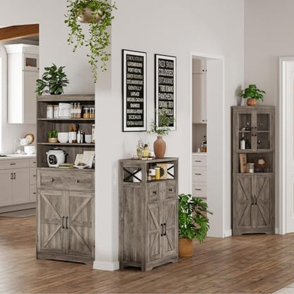 Grey Farmhouse Storage Cabinet with Doors and Drawers, Small Pantry Cabinet