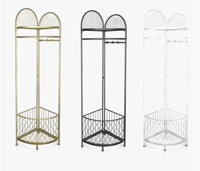 HKaikzo Corner Coat Rack, Gold Clothes Rack with 6 Metal Movable Hooks and Storage Basket Hall Tree Design Clothing Rack for Bedroom Entryway Hallway