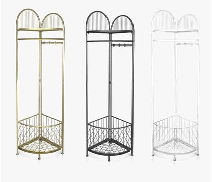 HKaikzo Corner Coat Rack, Gold Clothes Rack with 6 Metal Movable Hooks and Storage Basket Hall Tree Design Clothing Rack for Bedroom Entryway Hallway