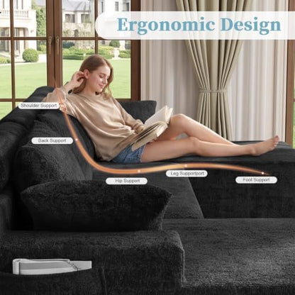 134 Inch Teddy Velvet Boneless Cloud Sectional Sofa, Tatami Style Modular, Frameless Deep Seat, Soft Fluffy Plush Cushions with Side Storage, Compressed No Assembly for Living Room & Apartment