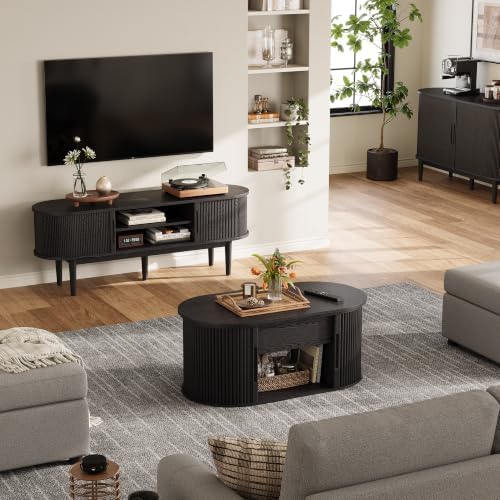 LINSY Lift Top Coffee Table, Oval Fluted Coffee Table with Storage, Mid Century Modern Wooden Coffee Tables with Sliding Tambour Door, 39" Center Table for Living Room, Office, Small Space, Black