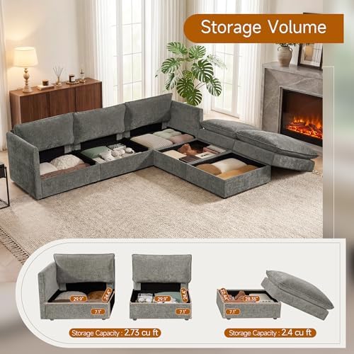 Myroyalsit Modular Sofa with Storage, 103" Shape Sectional Cloud Couch, Oversized Fabric Couch with Movable Ottoman, 5 Seat Modern Deep Seat Sofa for Living Room (Grey Chenille)