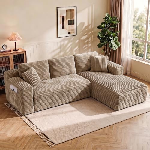 WINBOY 97" L Shaped Boneless Couches for Living Room, Comfy Modular Deep Seat Compressed Corduroy Sofa with Side Pocket,Right Facing Chiase,Camel