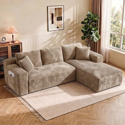 WINBOY 97" L Shaped Boneless Couches for Living Room, Comfy Modular Deep Seat Compressed Corduroy Sofa with Side Pocket,Right Facing Chiase,Camel