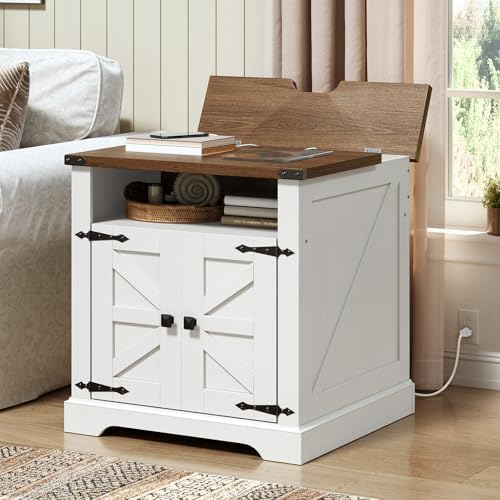 HOOBRO Farmhouse End Table with Charging Station, Large Side Table