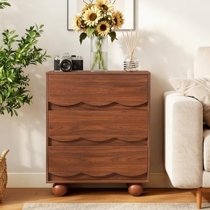 Walnut Scalloped 3 Drawer Nightstand Set of 2 for Bedroom Dorm