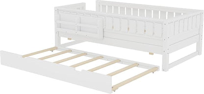 Bellemave Twin Size Kids Bed with high Rails and with Built-in Bookshelf and Trundle for Kids, Girls, Boys, Wood Montessori Bed Without Door, White