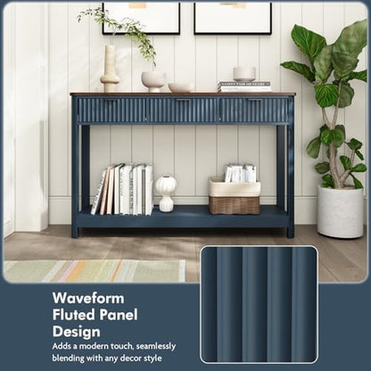 HOKYHOKY Fluted Console Table with Drawers, 47.1" Entryway Table, Blue