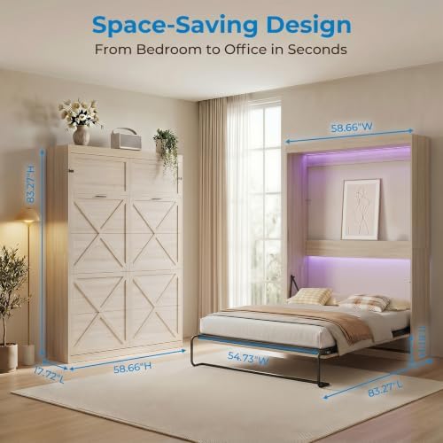 Full Murphy Bed, Cabinet Wall Beds, Modern Vertical Murphy Chest Beds with Durable Gas-Lift, Space-Saving Hidden Cabinet Guest Bed with 16 Colors of LED Lights for Bedroom, Apartment - Wood