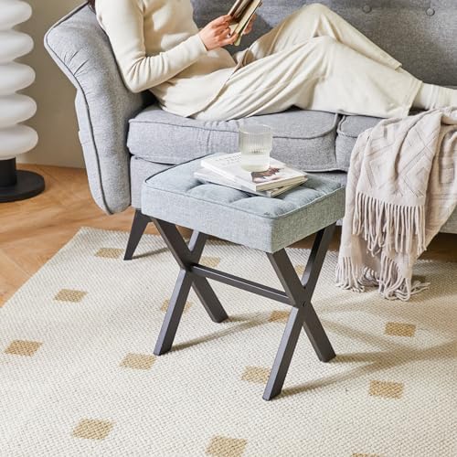 IBUYKE Square Makeup Stool with X-Leg, Linen Vanity Chair, Blue Gray LG-70L