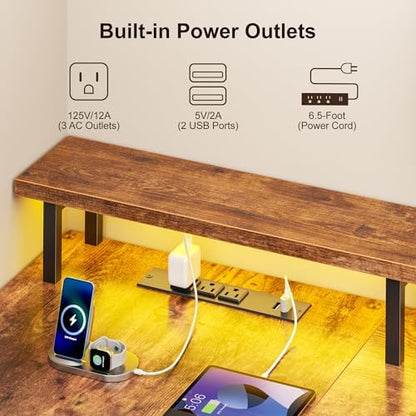 Korfile 57'' L Shaped Computer Desk with Storage Drawers, Power Outlet, LED