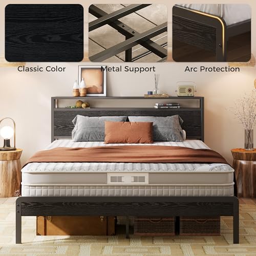 LIKIMIO Queen Bed Frame with 2-Tier Storage Shelf Headboard