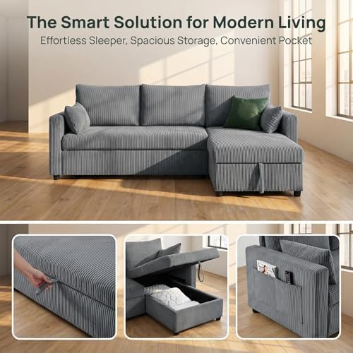 Sectional Sleeper Sofa with Pull Out Bed, LShape Convertible Sofa Bed Couch with Storage Chaise, 3 in 1 Pull Out Sofa Bed with 3 Seats, for Living Room,Apartment, Gray, 85Inch