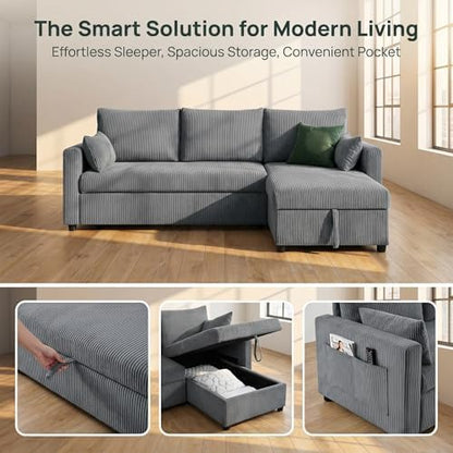 Sectional Sleeper Sofa with Pull Out Bed, LShape Convertible Sofa Bed Couch with Storage Chaise, 3 in 1 Pull Out Sofa Bed with 3 Seats, for Living Room,Apartment, Gray, 85Inch