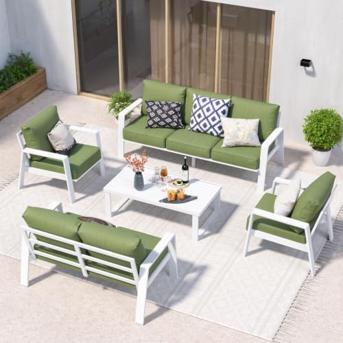 2 Pieces Aluminum Outdoor Armchair, Oversized Patio Couch, Modern Sofa All Weather Metal Furniture Set with 5" Cushions (White/Green)