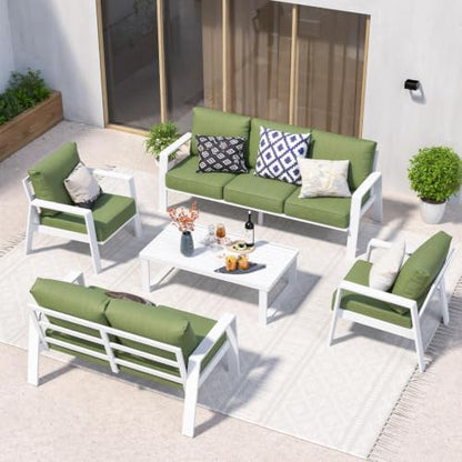 2 Pieces Aluminum Outdoor Armchair, Oversized Patio Couch, Modern Sofa All Weather Metal Furniture Set with 5" Cushions (White/Green)