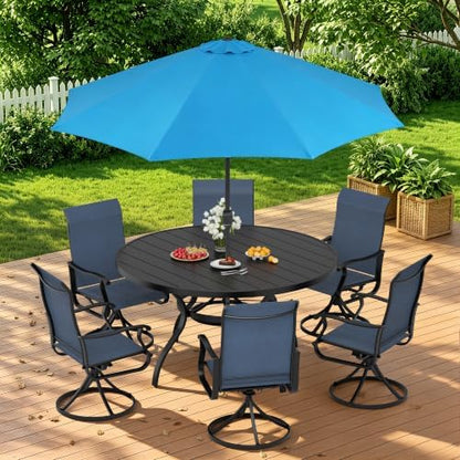 SUNCROWN 8-Piece Outdoor Dining Set, All Weather Patio Furniture Sets with 6 Dark Blue Swivel Textilene Mesh Chairs & Round Metal Table & 1 Light Blue 9Ft Umbrella for Deck Garden Backyard Poolside