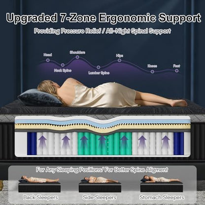 14 Inch Full XL Size Mattress, Upgraded Luxury Hybrid Full XL Mattress In A Box with 7-Zone Support for Cool Night & Pressure Relief, Fiberglass Free, 365 Nights Trial, 10 Years Warranty, Medium Firm