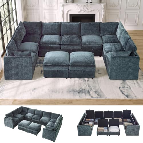 Modular Sectional Storage Sofa, 130" Oversized U-Shaped Couch, Blue