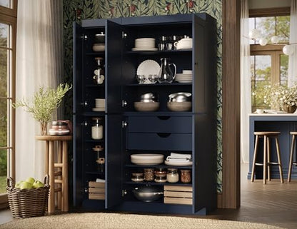 Palace Imports Solid Wood Tall Kitchen Pantry Cabinet - 71.5" H x 48.5" W – Utility Cabinet w/ 6 Shaker Doors, 2 Drawers & 8 Adjustable Shelves – Antique Blue, 100% Eco-Friendly Wood, Modular