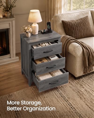 VASAGLE Farmhouse Nightstands Set of 2, with Charging Station, 3 Drawers
