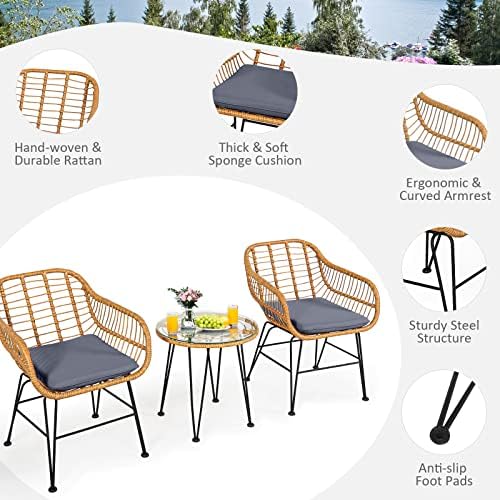 Tangkula 3 Pieces Patio Bistro Set, Rattan Conversation Set with 2 Cushioned Armchairs & Round Glass Coffee Table, Indoor Outdoor Wicker Furniture Set for Balcony, Backyard, Garden, Poolside