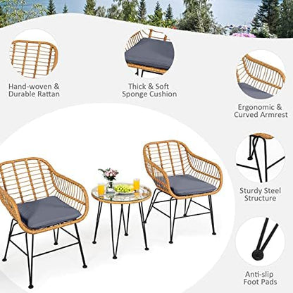 Tangkula 3 Pieces Patio Bistro Set, Rattan Conversation Set with 2 Cushioned Armchairs & Round Glass Coffee Table, Indoor Outdoor Wicker Furniture Set for Balcony, Backyard, Garden, Poolside