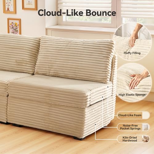 CAODOC 6 Seat Modular Sectional Couch,Corduroy,Convertible U/L-Shaped,Beige